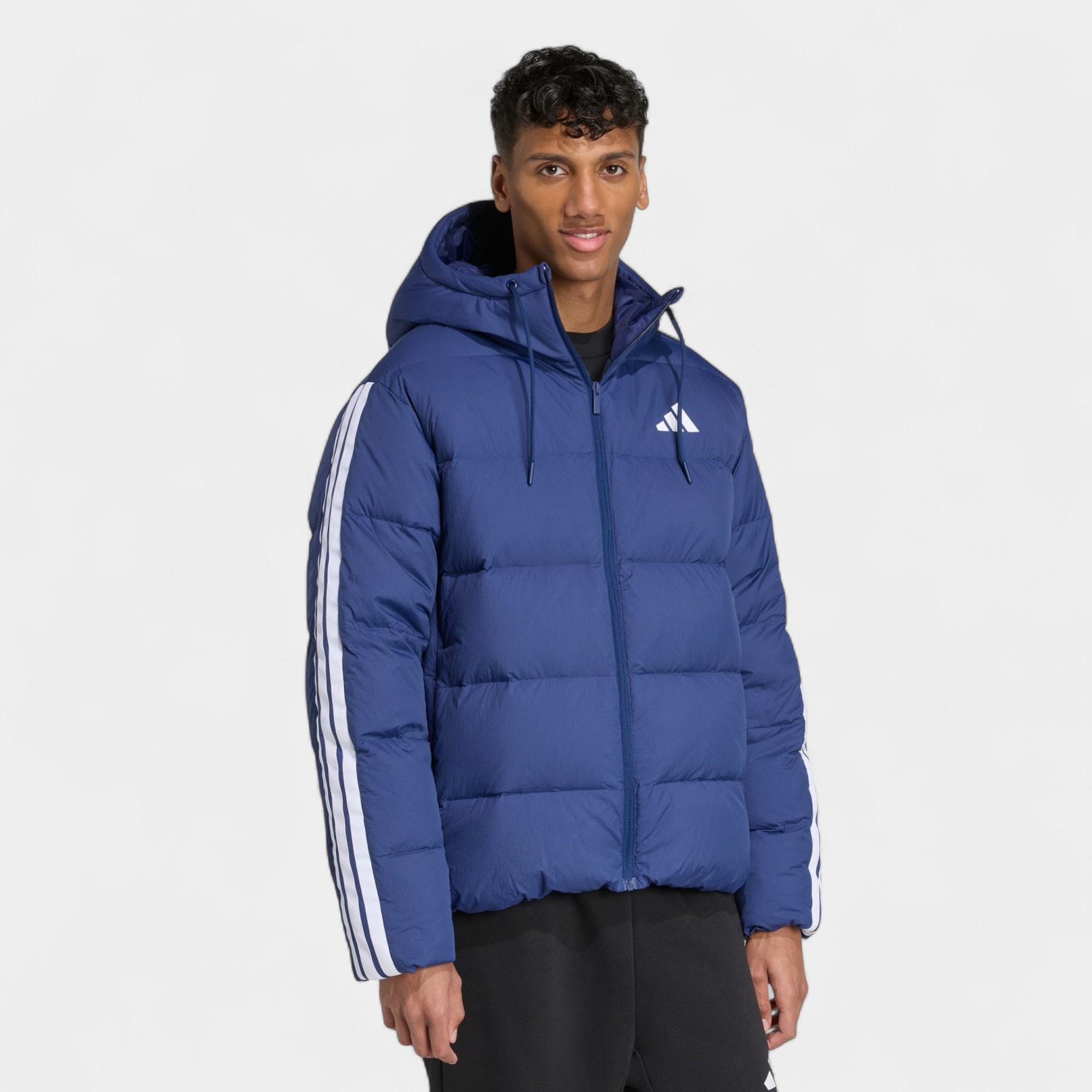 Adidas Essentials Climawarm 3-Şeritli Puffer Down Kapüşonlu Mont JX7799 - Lacivert
