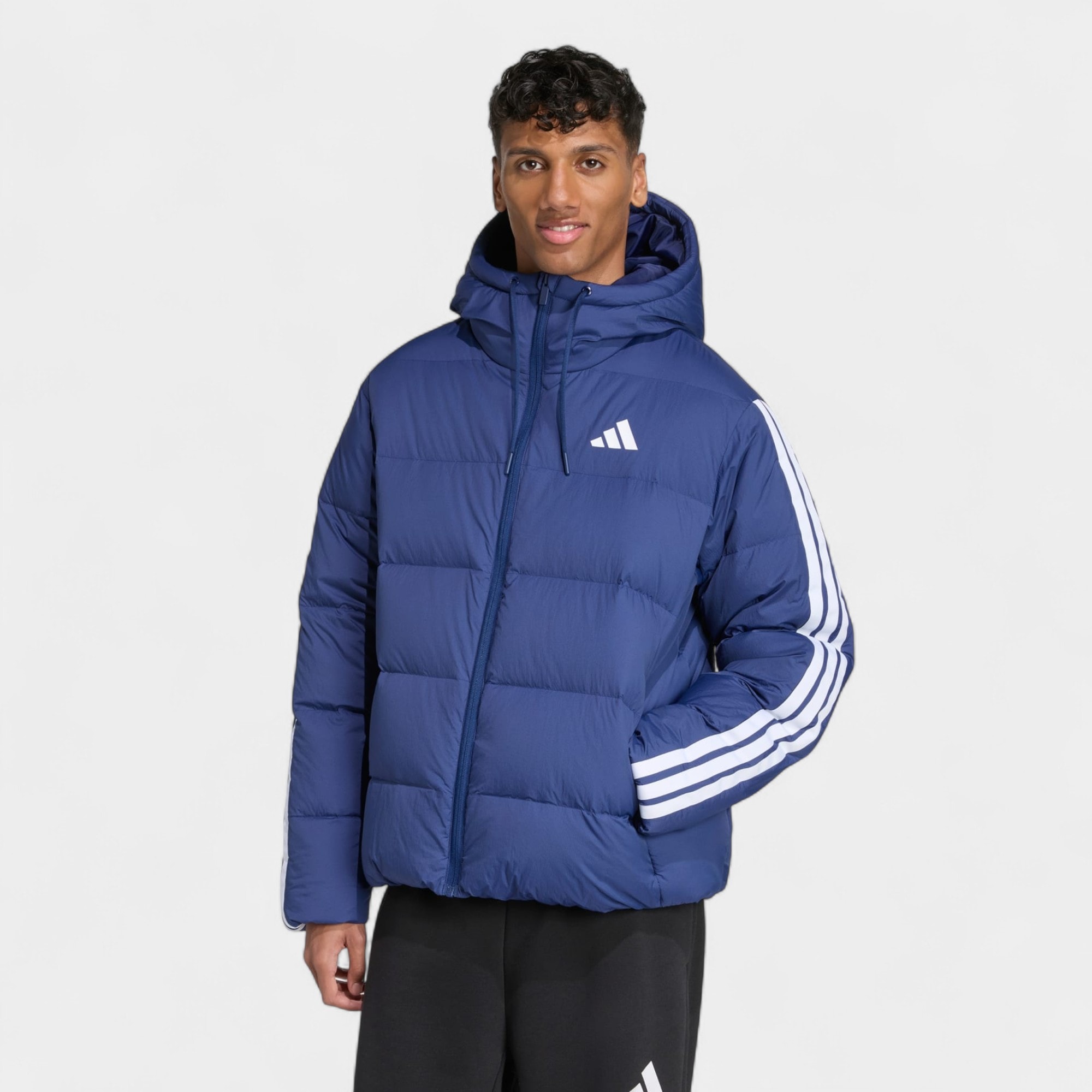 Adidas Essentials Climawarm 3-Şeritli Puffer Down Kapüşonlu Mont JX7799 - Lacivert