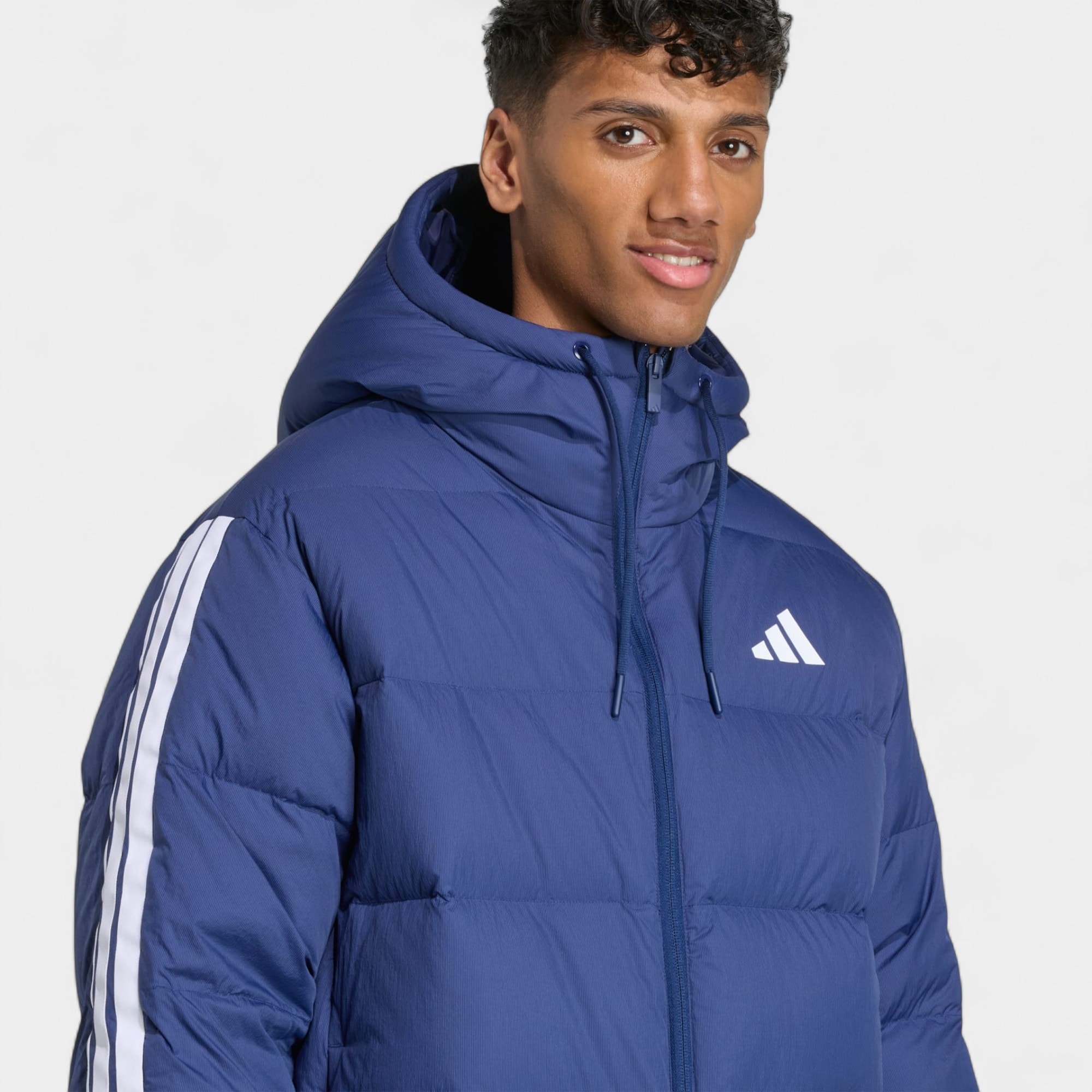 Adidas Essentials Climawarm 3-Şeritli Puffer Down Kapüşonlu Mont JX7799 - Lacivert