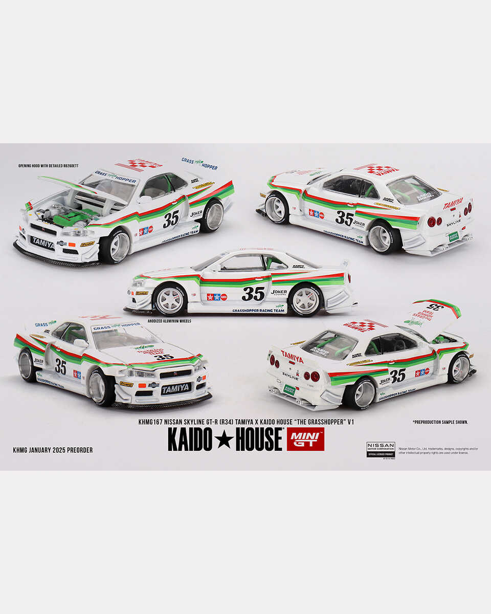 Mini GT Kaido House Nissan Skyline GT-R (R34) TAMIYA x KAIDO HOUSE "The GRASSHOPPER" V1 -KHMG167