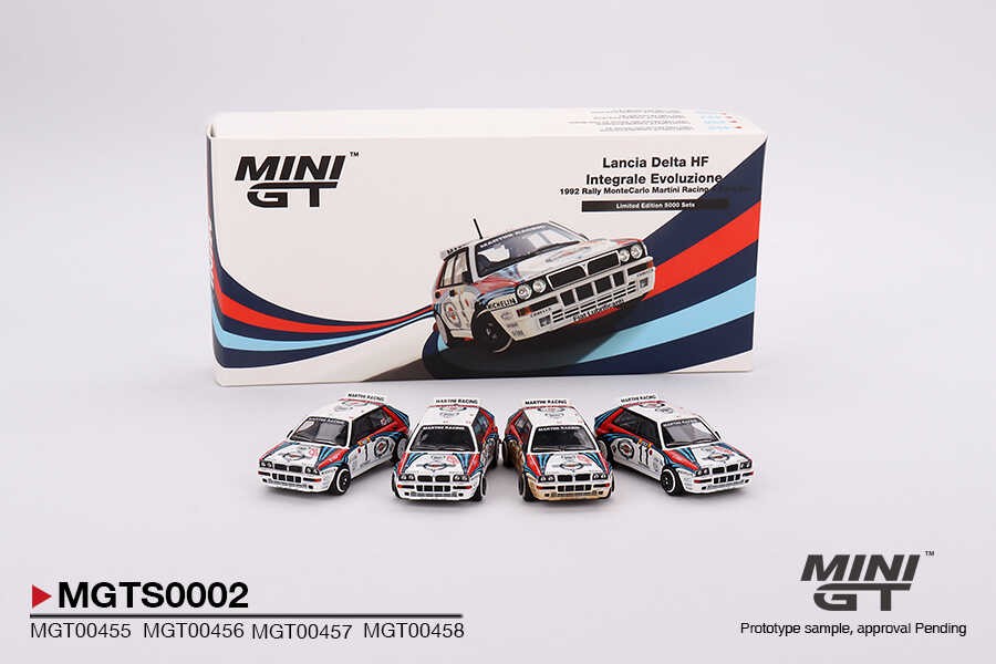 MiniGT 1/64 Lancia Delta HF Integrale Evoluzione 1992 Rally MonteCarlo Martini Racing 4 Cars Set - Limited Edition 5000 Sets + Paddock Service Tent Set + Figurine: Martini Racing WRC