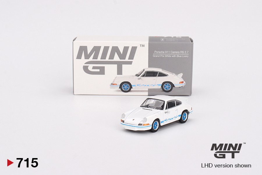 Mini GT Porsche 911 Carrera RS 2.7 Grand Prix White with Blue Livery -MGT00715-L