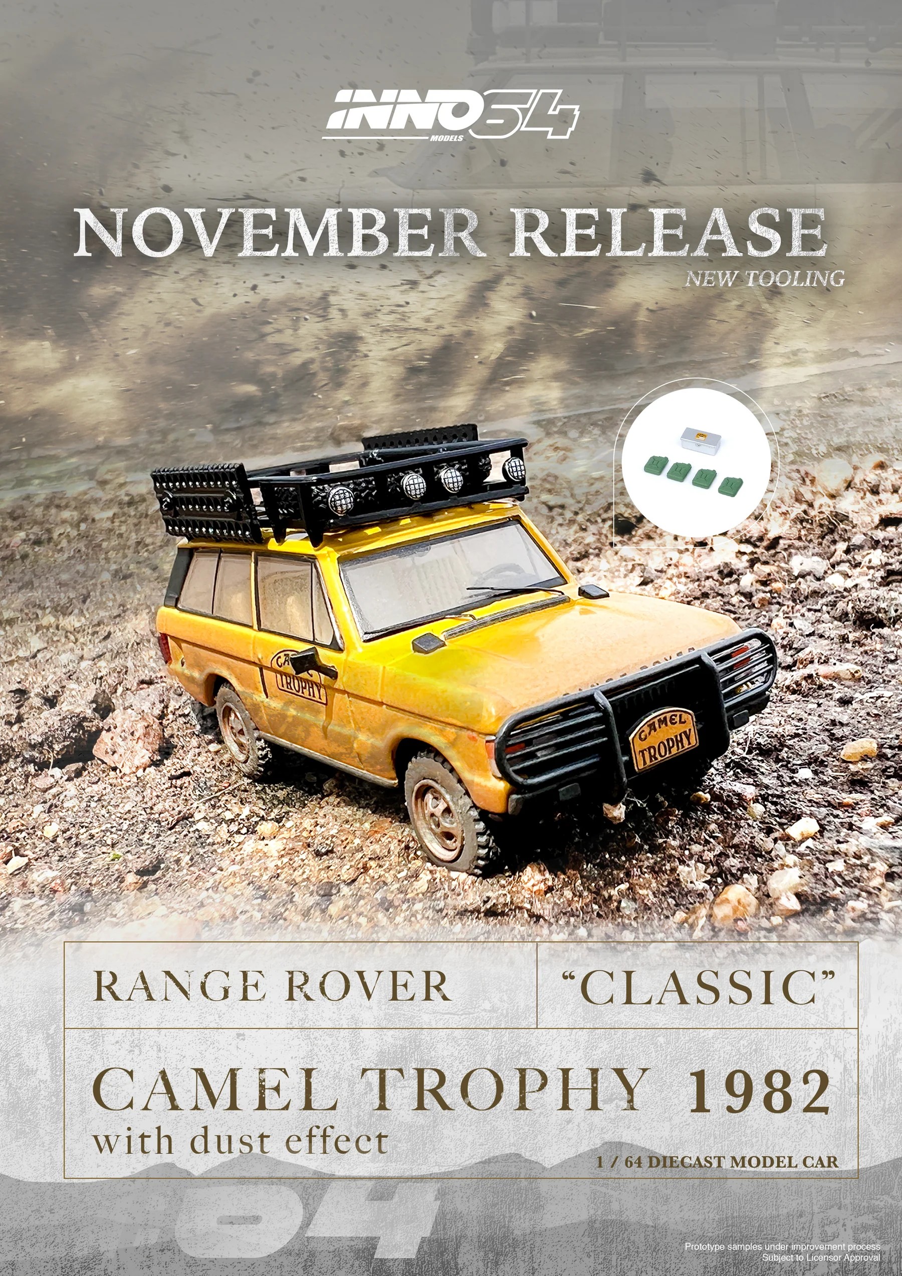 Inno64 RANGE ROVER "CLASSIC" CAMEL TROPHY 1982 With Dust Effect -IN64-RRC-CT82DE