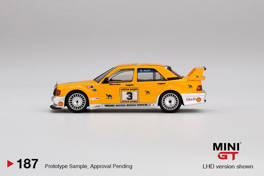 Mini GT Mijo Esclusive USA Exclusive Mercedes-Benz 190E 2.5 - 16 Evolution II #3 "Camel" 1990 Yellow Page 200 Invitational Kyalami -MGT00187-MJ