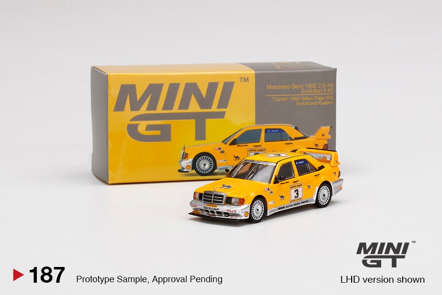 Mini GT Mijo Esclusive USA Exclusive Mercedes-Benz 190E 2.5 - 16 Evolution II #3 "Camel" 1990 Yellow Page 200 Invitational Kyalami -MGT00187-MJ