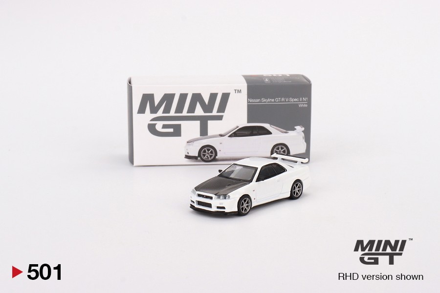 Mini GT Nissan Skyline GT-R (R34) V-Spec II N1 White #501