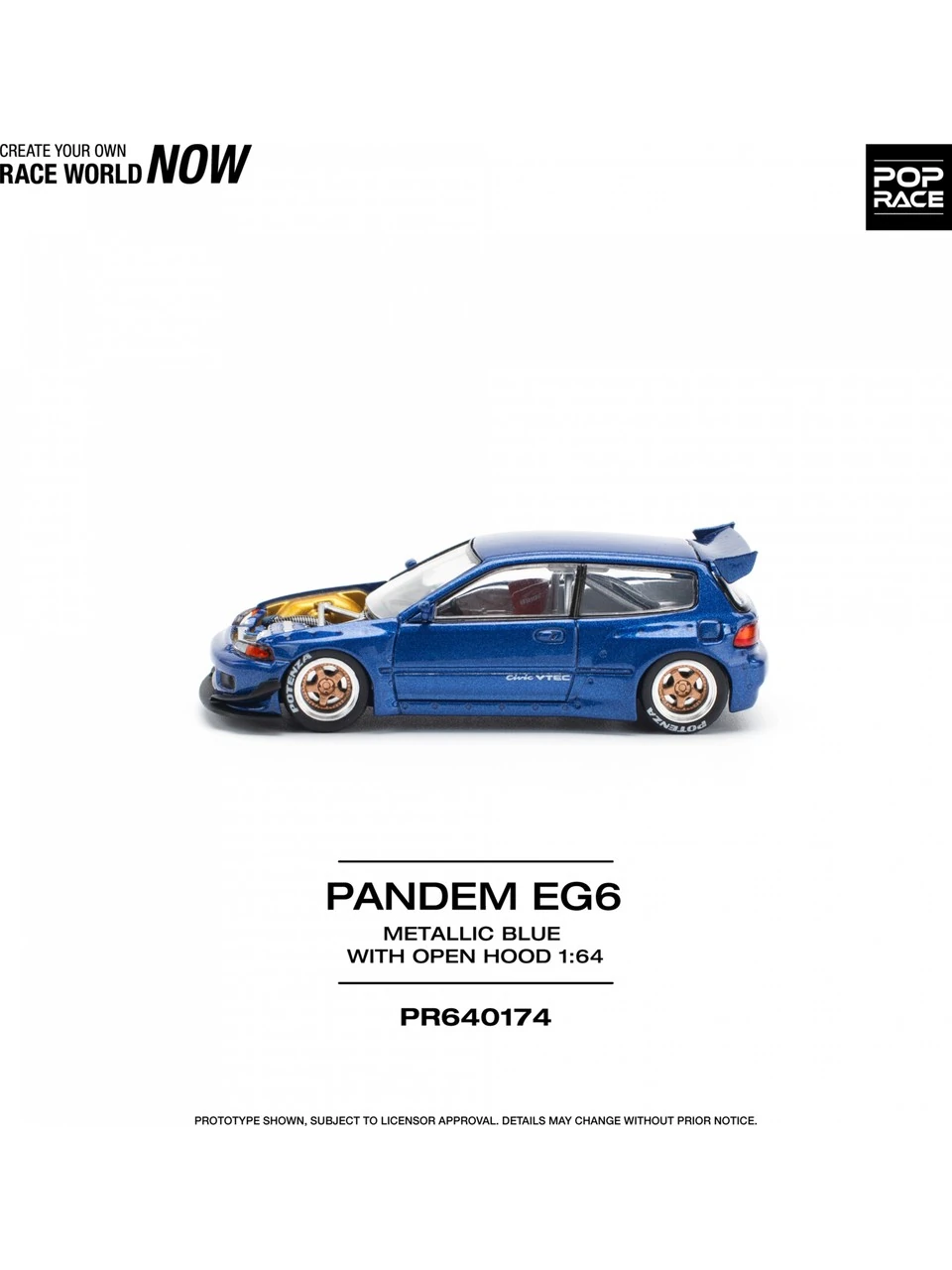 Pop Race Pandem Civic EG6 Metallic Blue / Open Hood -PR64-0174