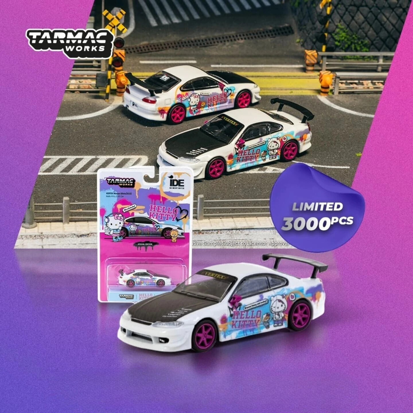 Tarmac Works IDE EXPO VERTEX Nissan Silvia [S15] Hello Kitty Drift Car Special Edition -T64G-023-HK