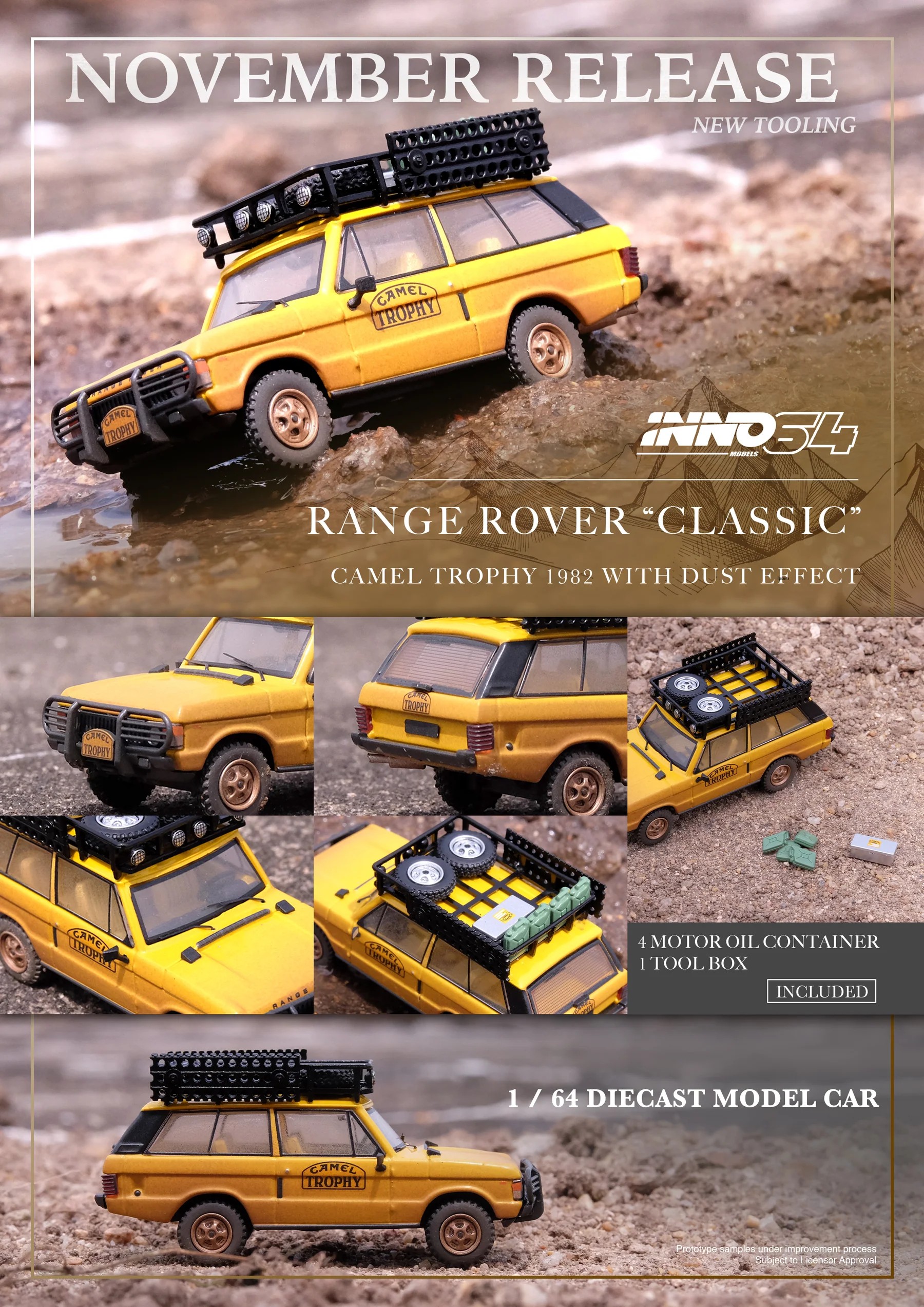 Inno64 RANGE ROVER "CLASSIC" CAMEL TROPHY 1982 With Dust Effect -IN64-RRC-CT82DE