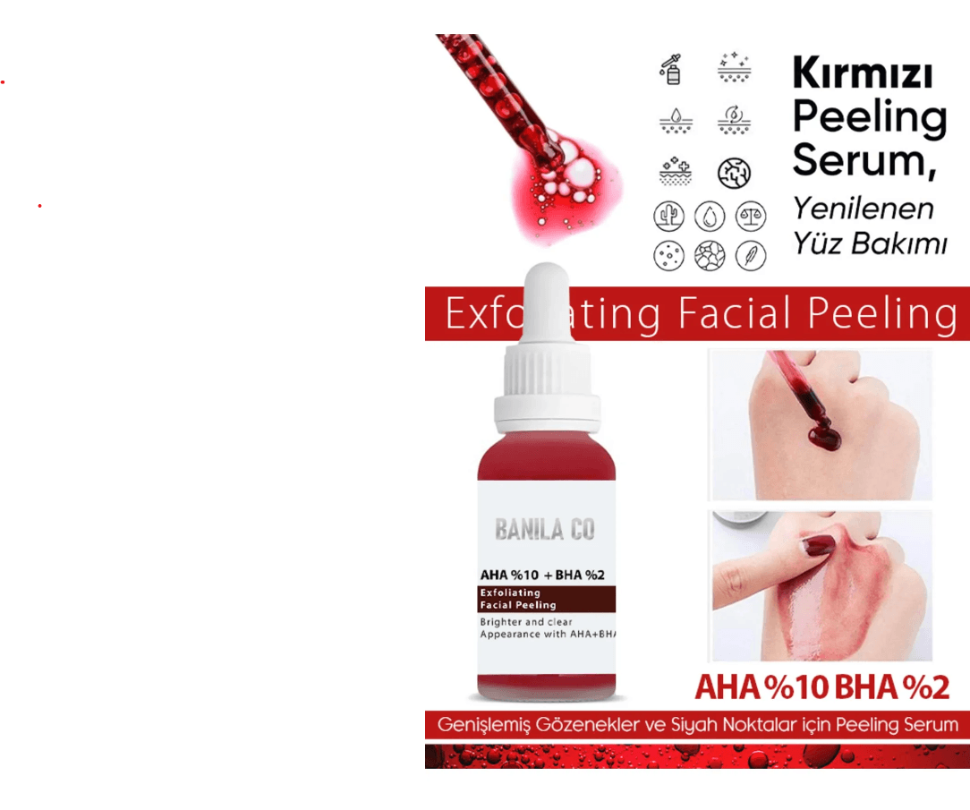 Kırmızı Peeling Serum, Canlandırıcı, Cilt Tonu Eşitleyici, AHA+BHA Facial Red Peeling Serum 20 ml