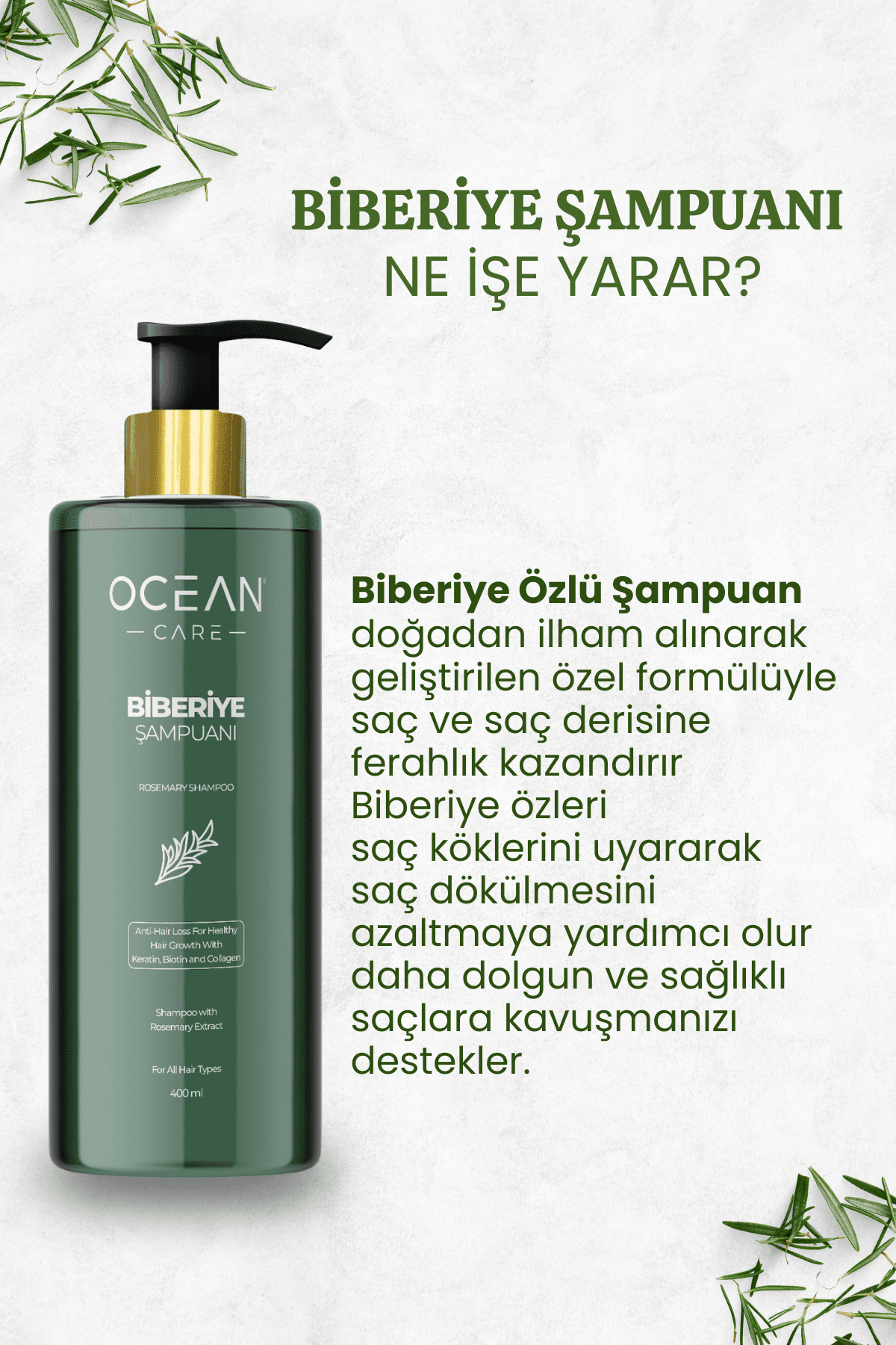 Biberiye Şampuanı Dökülme Karşıtı ve Hızlı Uzamaya Yardımcı Biotin ve Argan Özlü 400 ml