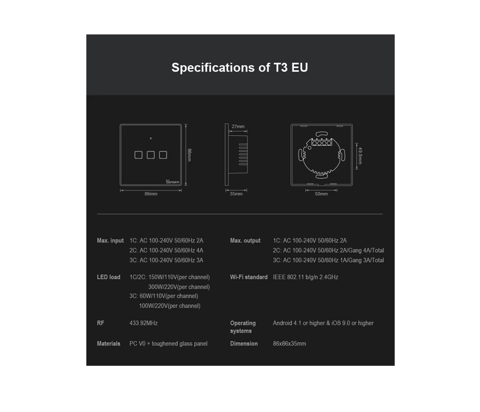 Sonoff TX T3EU3C – T3-EU-3C Akıllı Dokunmatik Duvar Anahtarı 3 Kanallı