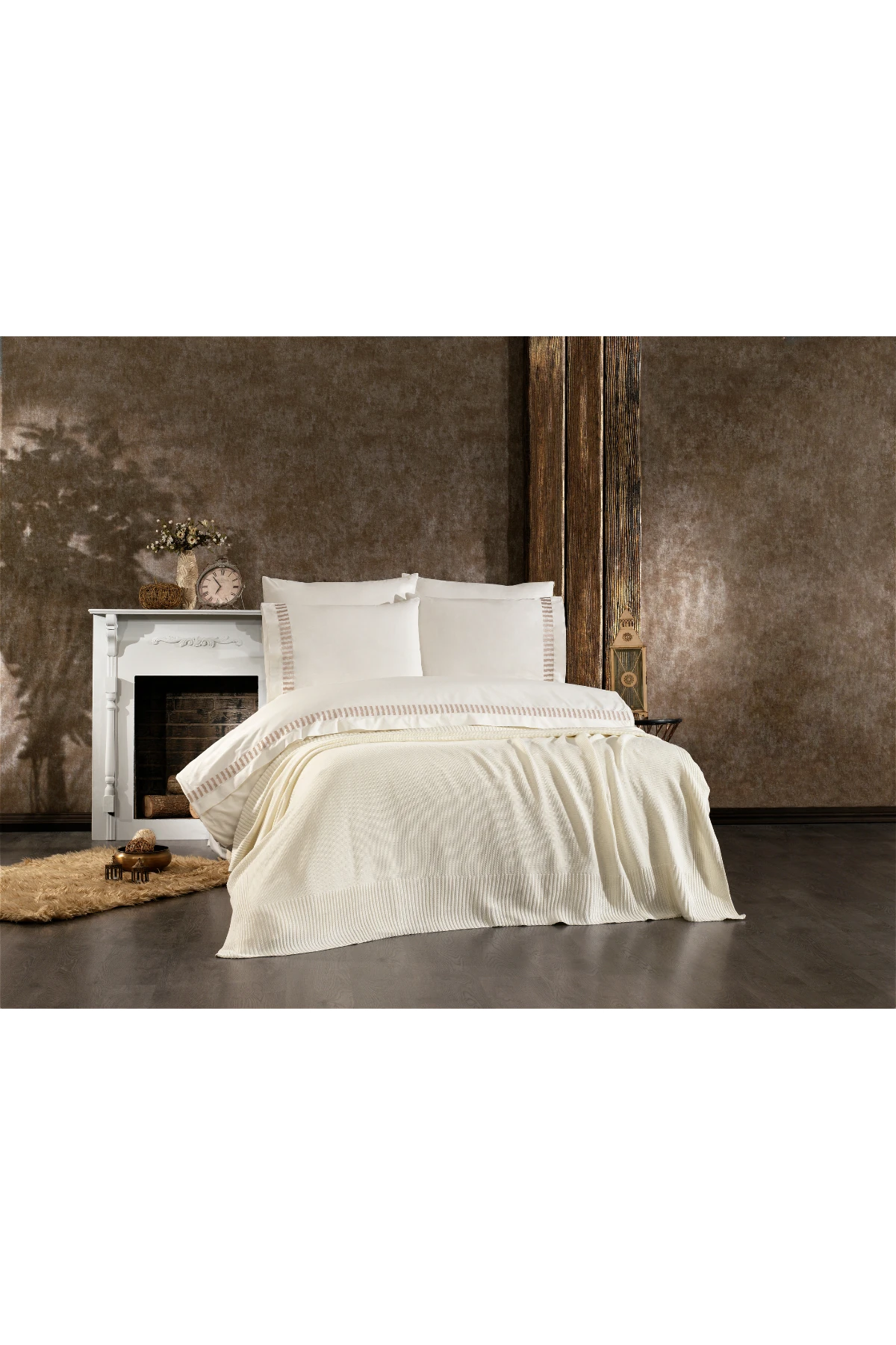 Imperra %100 Pamuk, Triko Battaniyeli, Nakışlı 7 Parça Premium Çift Kişilik Nevresim Takımı Ekru