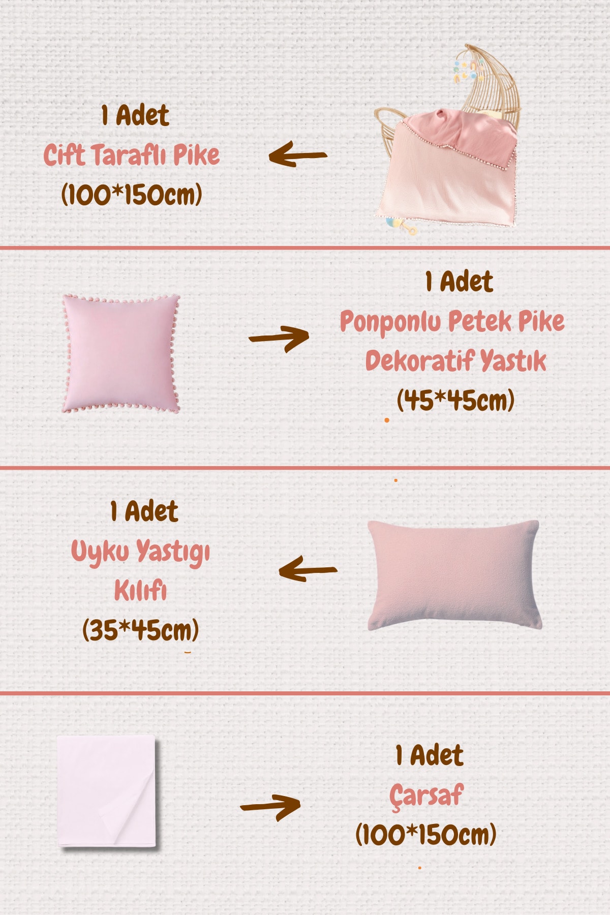 Çift Taraflı, Ponponlu %100 Pamuk Müslin Pembe Bebek Nevresim Takımı