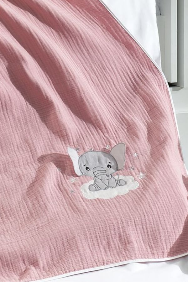 5 Parça Pembe Müslin Örtülü %100 Pamuk 3D Fil Desenli Bebek Nevresim Takımı