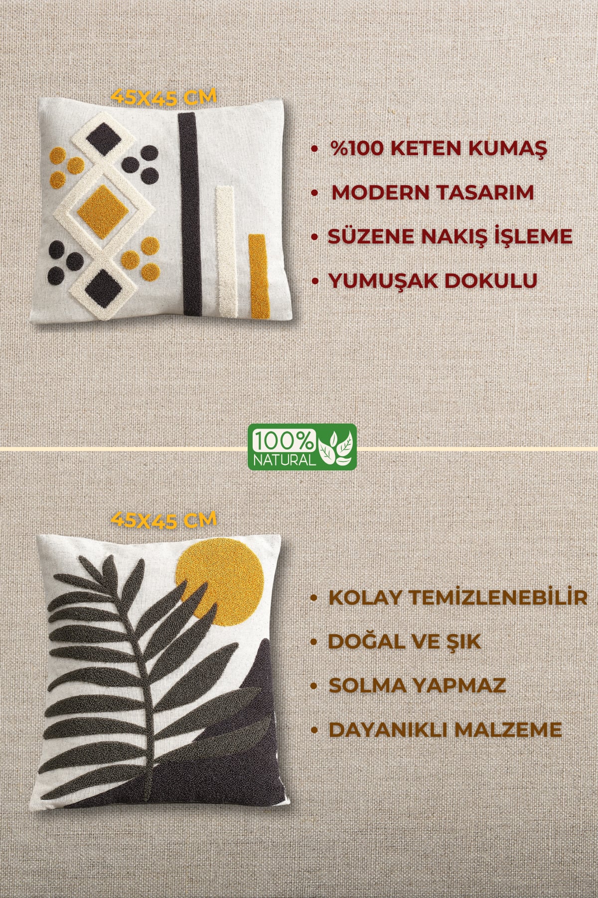 2'li Punch Nakışlı %100 Organik Keten Dekoratif Modern Kırlent Kılıfı Seti - Süzene Nakışlı