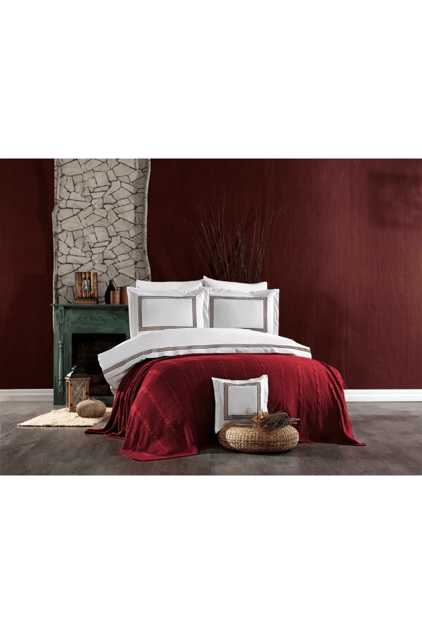 Aydos 8 Parça Pamuklu Triko Battaniyeli Çift Kişilik Nevresim Takımı Bordo