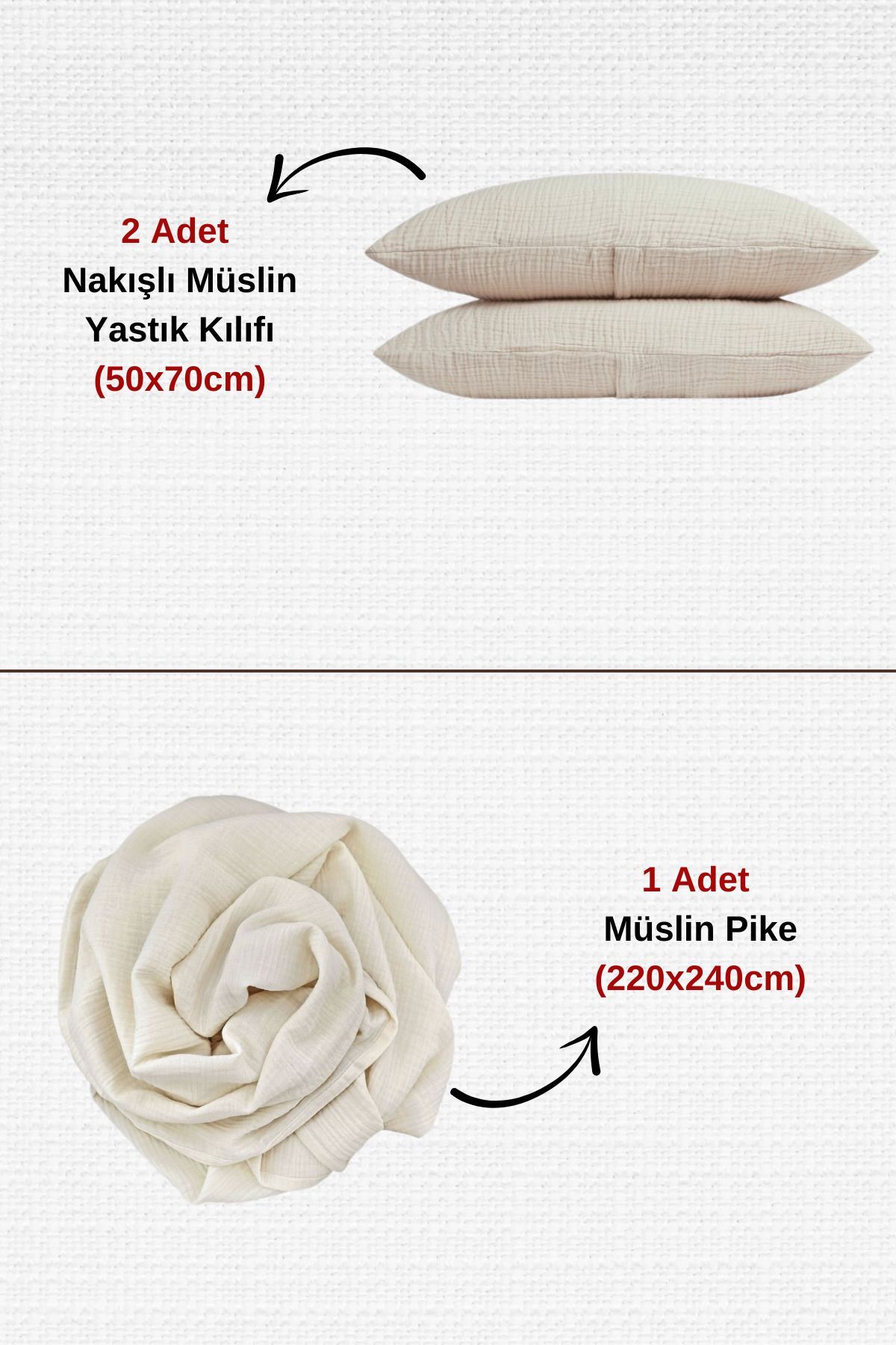 Nakışlı 3 Parça Müslin Pike Yatak Örtüsü Ve Yastık Kılıfı Seti - Soft Çift Kişilik Müslin Pike Set