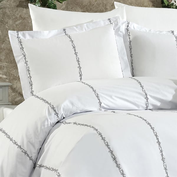 Elisa 8 Parça Boydan Boya Mercan Desen Nakışlı Gri Çift Kişilik Nevresim Takımı