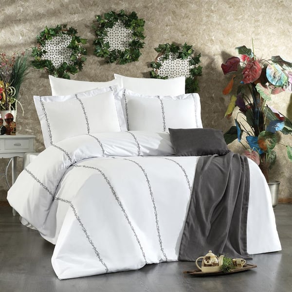 Elisa 8 Parça Boydan Boya Mercan Desen Nakışlı Gri Çift Kişilik Nevresim Takımı