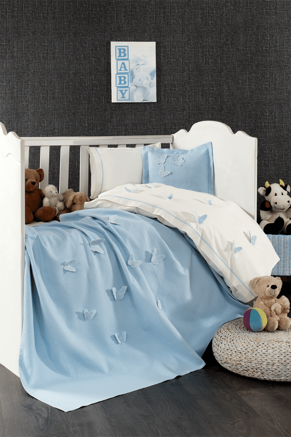 3d Kelebek Desenli 5 Parça %100 Pamuk Bebek Nevresim Takımı Mavi