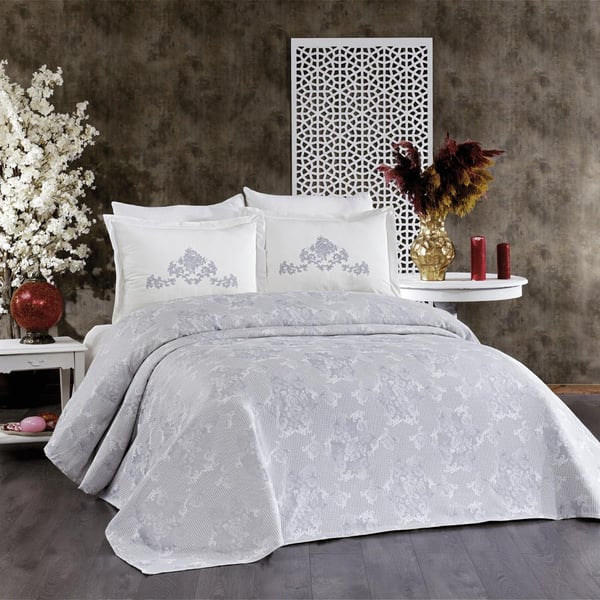 Mina 6 Parça Pamuk Şönil Pike Yatak Örtülü Nakışlı Çift Kişilik Pike Takımı Gri