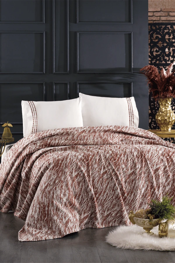 4 Parça Pamuklu Yasemin Çift Kişilik Koton Pike Seti Kiremit