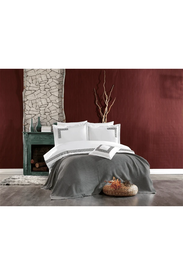 Alaca 8 Parça Pamuklu Triko Battaniyeli Çift Kişilik Nevresim Takımı Gri