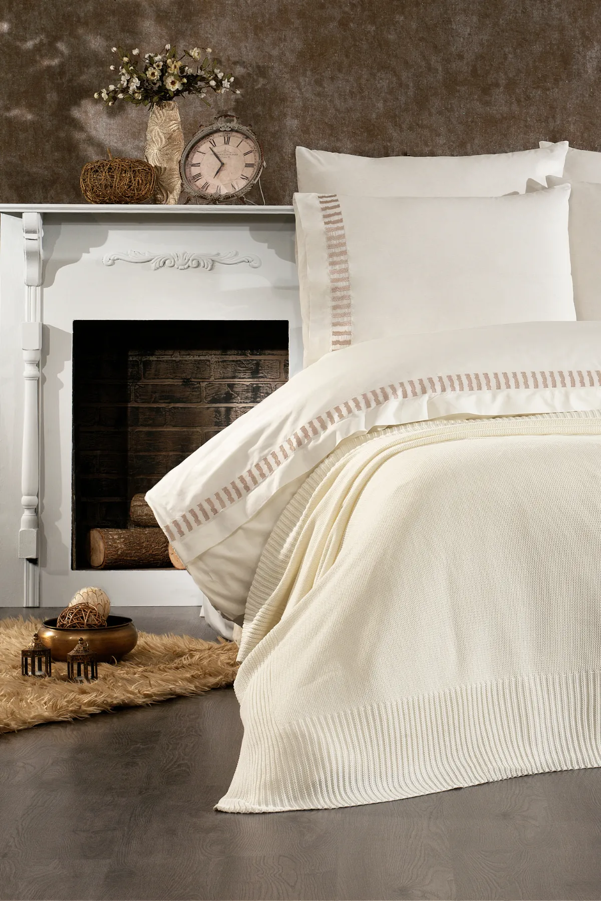 Imperra %100 Pamuk, Triko Battaniyeli, Nakışlı 7 Parça Premium Çift Kişilik Nevresim Takımı Ekru