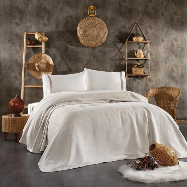 Mahur 4 Parça Pamuk Çift Kişilik Koton Pike Seti Bej