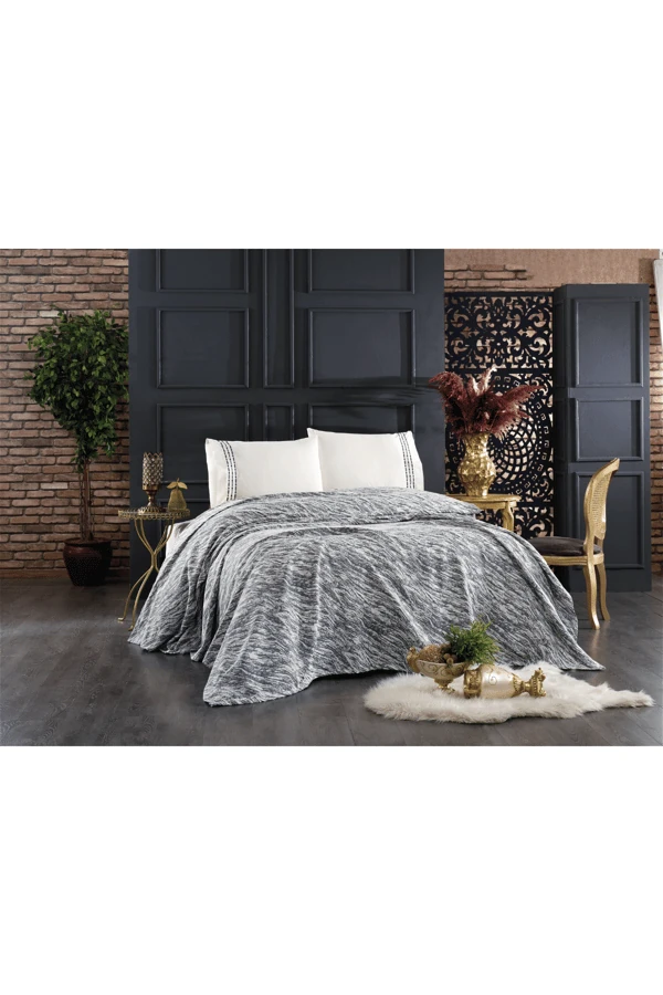 4 Parça Pamuklu Yasemin Çift Kişilik Koton Pike Seti Antrasit