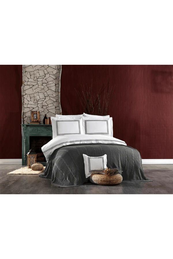 Aydos 8 Parça Pamuklu Triko Battaniyeli Çift Kişilik Nevresim Takımı Gri