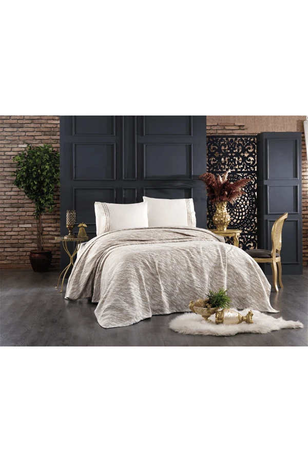 4 Parça Pamuklu Yasemin Çift Kişilik Koton Pike Seti Bej