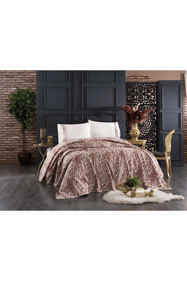 4 Parça Pamuklu Yasemin Çift Kişilik Koton Pike Seti Kiremit