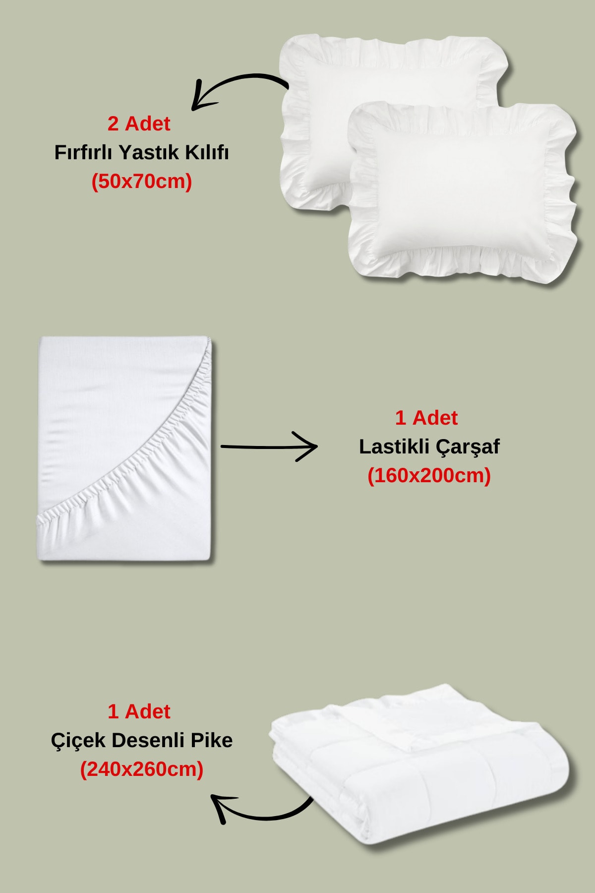 %100 Pamuk Fırfırlı Ve Lavanta Desenli Çarşafı Lastikli 4 Parça Çift Kişilik Pike Takımı