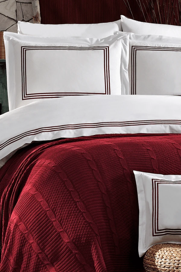 Aydos 8 Parça Pamuklu Triko Battaniyeli Çift Kişilik Nevresim Takımı Bordo