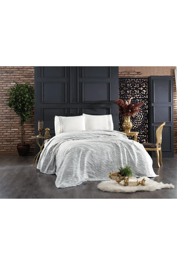 4 Parça Pamuklu Yasemin Çift Kişilik Koton Pike Seti Gri