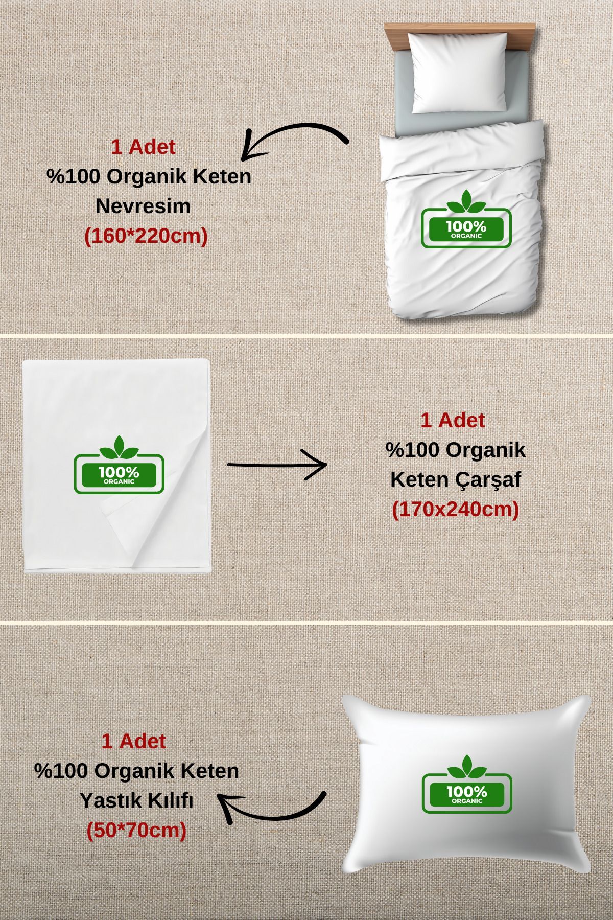 %100 Organik Keten 3 Parça Elite Tek Kişilik Nevresim Takımı - Çarşaflı Keten Nevresim Seti