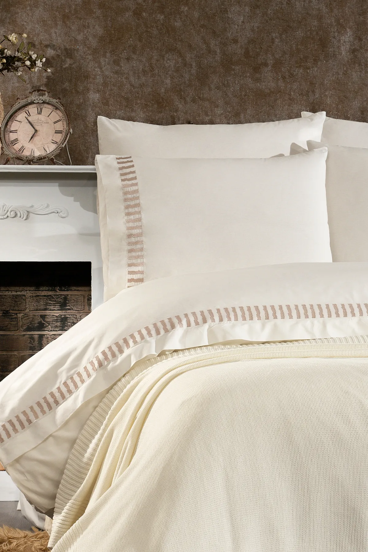 Imperra %100 Pamuk, Triko Battaniyeli, Nakışlı 7 Parça Premium Çift Kişilik Nevresim Takımı Ekru