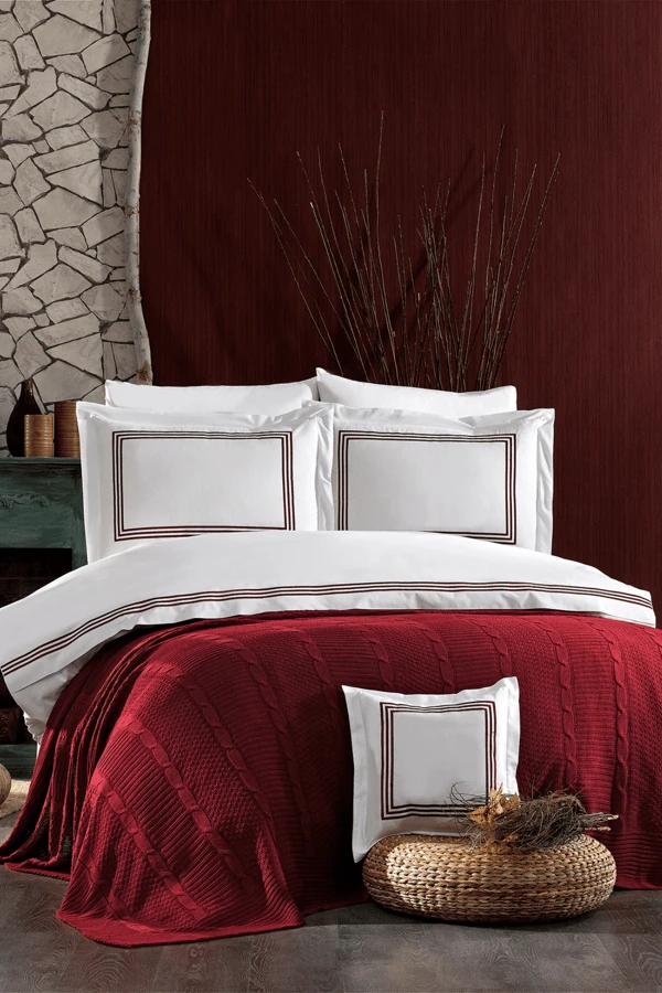 Aydos 8 Parça Pamuklu Triko Battaniyeli Çift Kişilik Nevresim Takımı Bordo