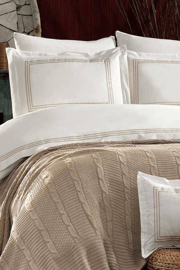 Aydos 8 Parça Pamuklu Triko Battaniyeli Çift Kişilik Nevresim Takımı Bej