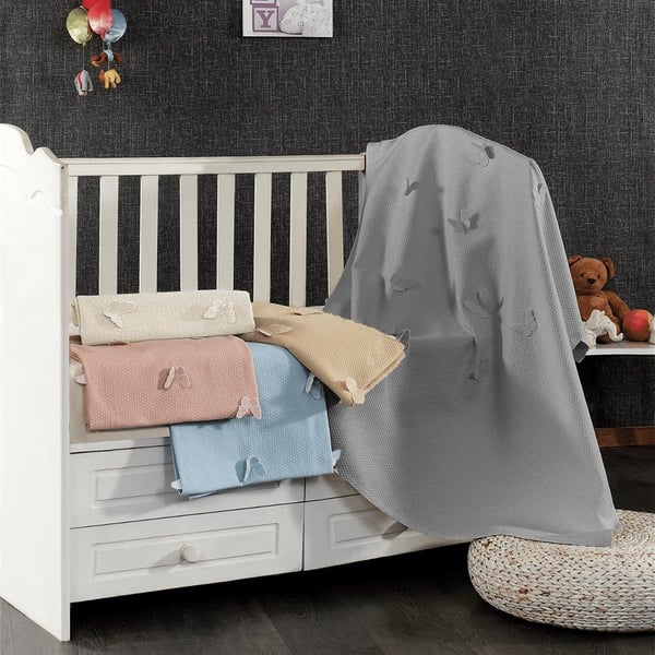 3d Kelebek %100 Pamuk Desenli Bebek Pike Örtüsü Gri