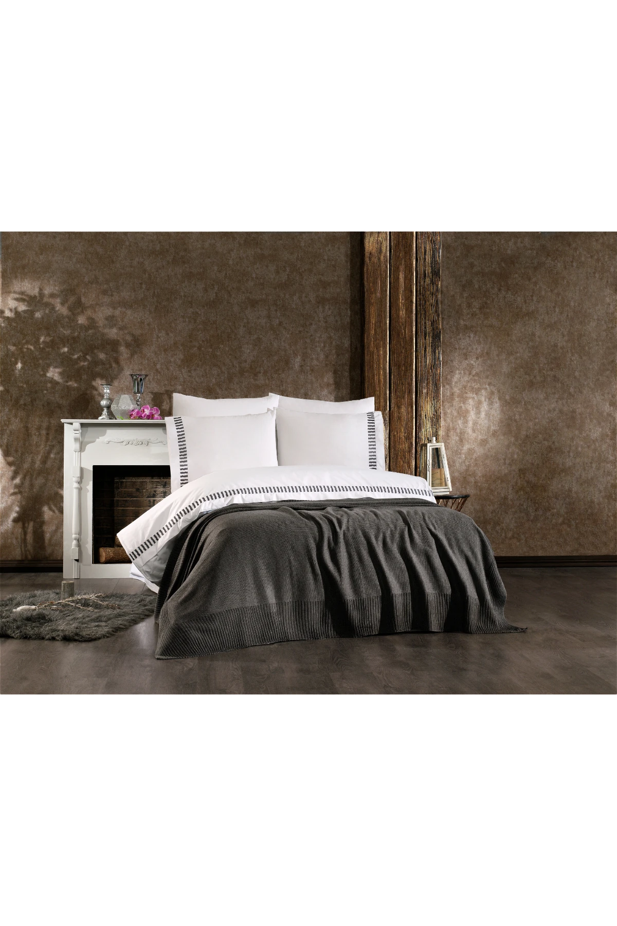 Imperra %100 Pamuk, Triko Battaniyeli, Nakışlı 7 Parça Premium Çift Kişilik Nevresim Takımı Antrasit