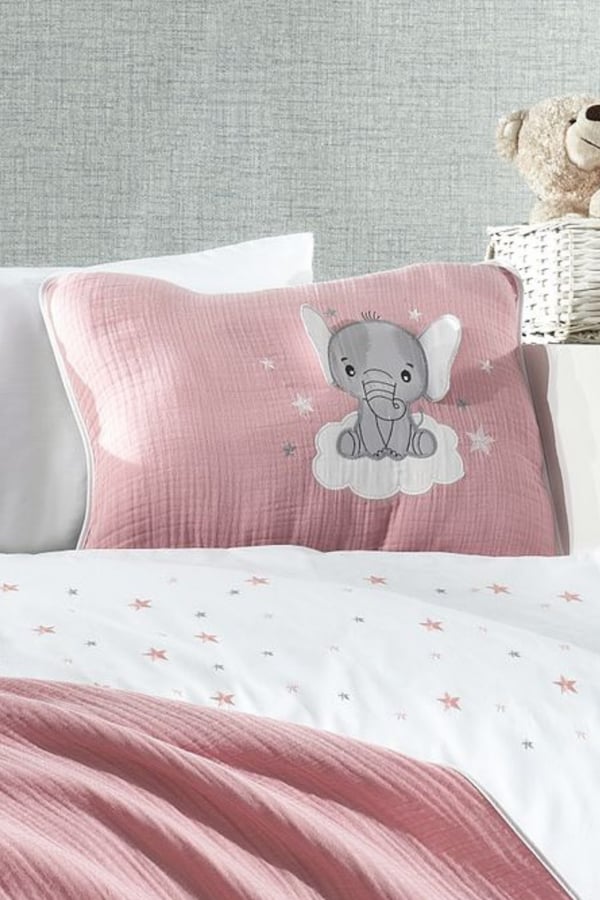 5 Parça Pembe Müslin Örtülü %100 Pamuk 3D Fil Desenli Bebek Nevresim Takımı