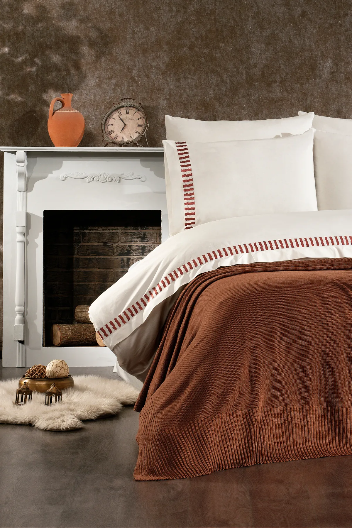 Imperra %100 Pamuk, Triko Battaniyeli, Nakışlı 7 Parça Premium Çift Kişilik Nevresim Takımı Kiremit