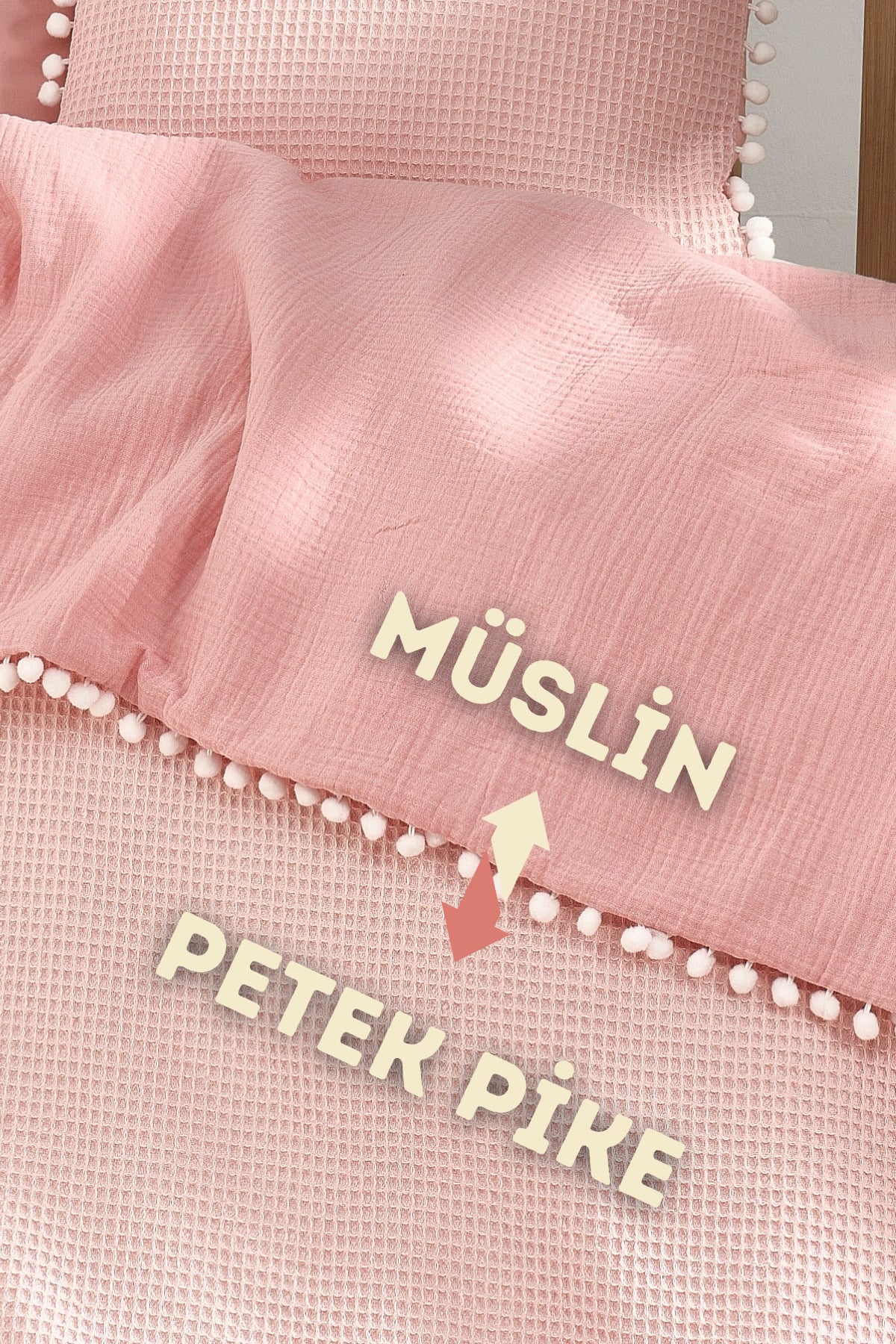 Çift Taraflı, Ponponlu %100 Pamuk Müslin Pembe Bebek Nevresim Takımı