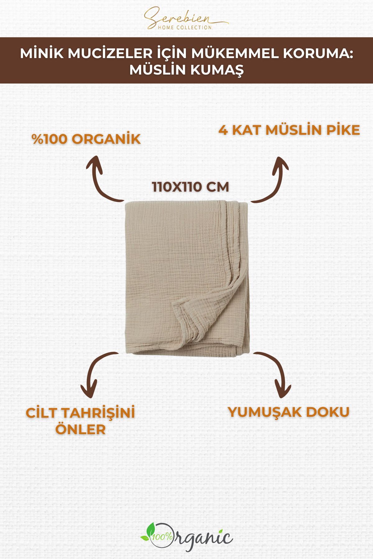 %100 Organik 4 Katlı Müslin Bebek Örtüsü, Hediyeli Müslin Bebek Battaniye, OEKO-TEX Sertifikalı