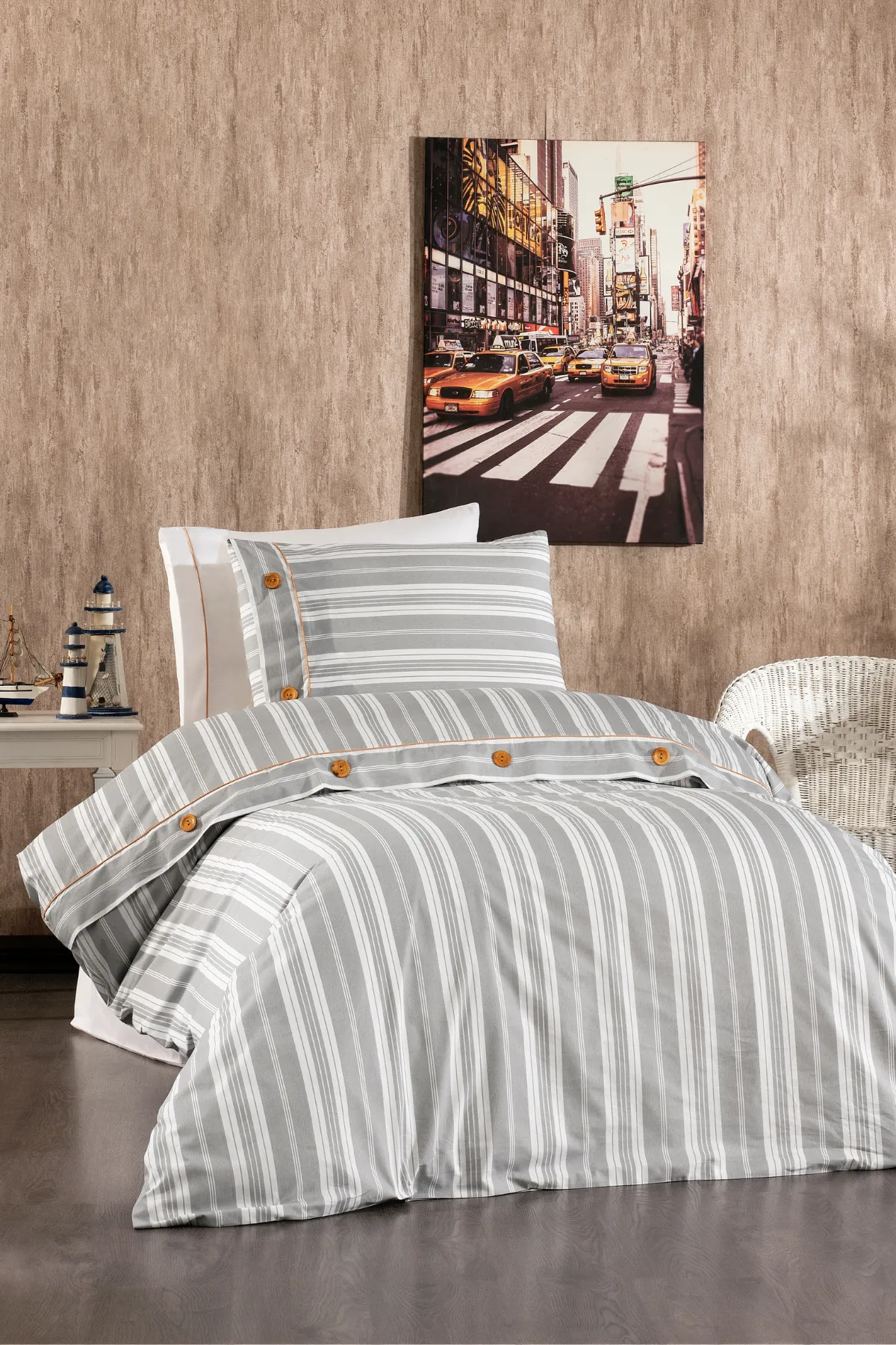 Valentia %100 Pamuk, Ahşap Düğmeli, Çizgili Kumaşlı 4 Parça Premium Tek Kişilik Nevresim Takımı Gri