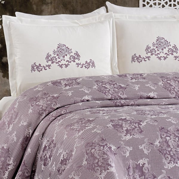 Mina 6 Parça Pamuk Şönil Pike Yatak Örtülü Nakışlı Çift Kişilik Pike Takımı Mürdüm