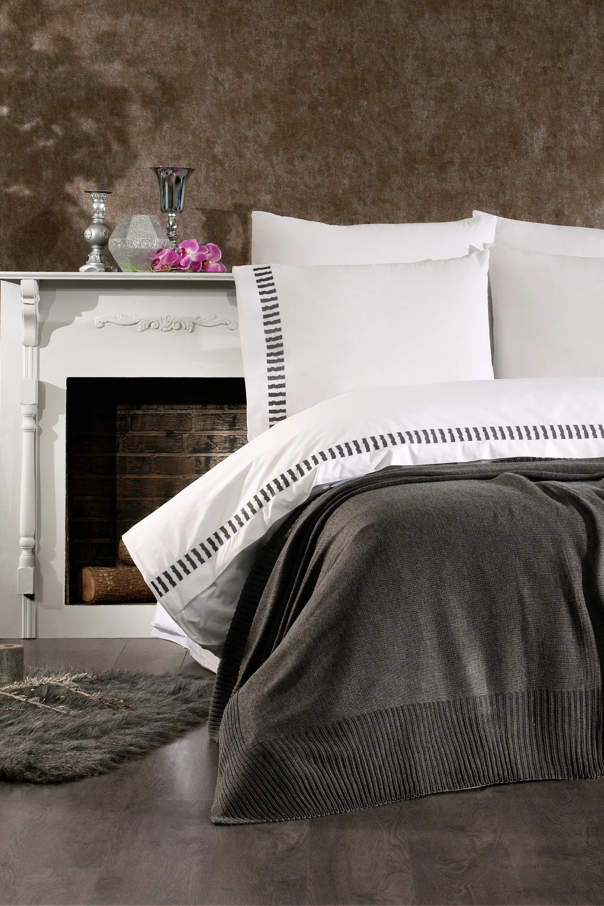 Imperra %100 Pamuk, Triko Battaniyeli, Nakışlı 7 Parça Premium Çift Kişilik Nevresim Takımı Antrasit